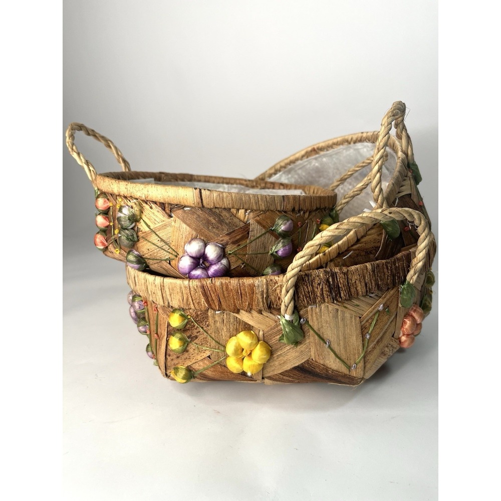 Vintage Woven Straw Raffia Embroidered Hand Made Floral Nesting Handle Baskets